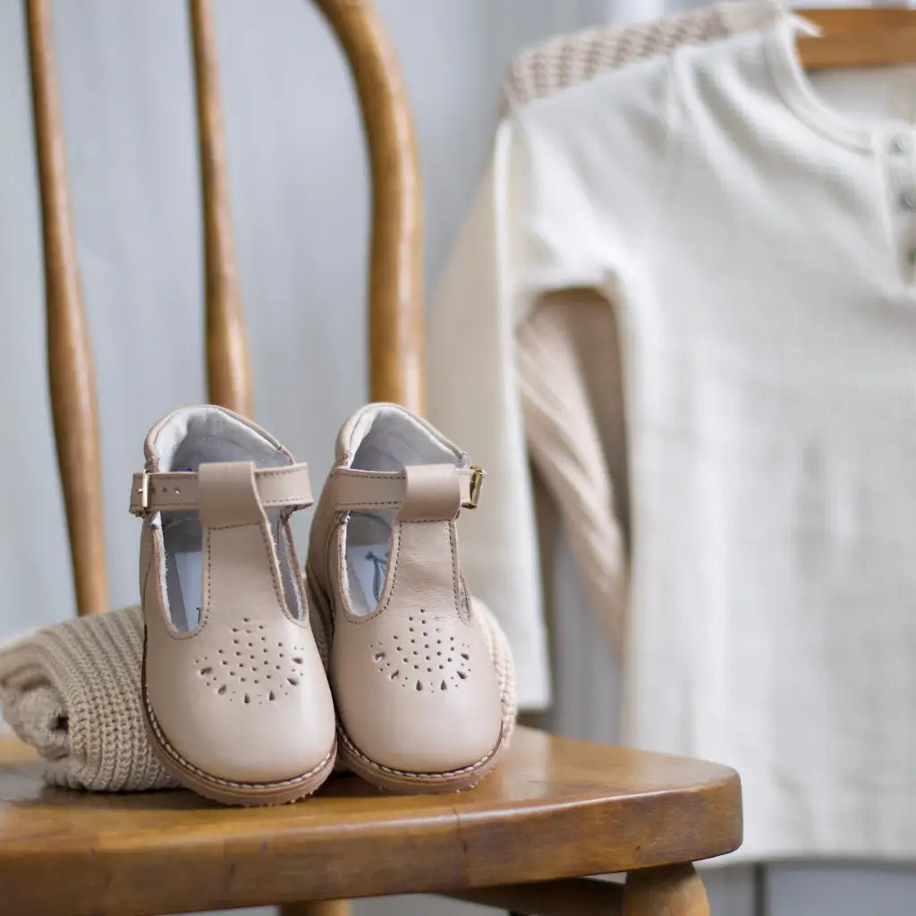children's t-strap in shiny beige sizes 2-7