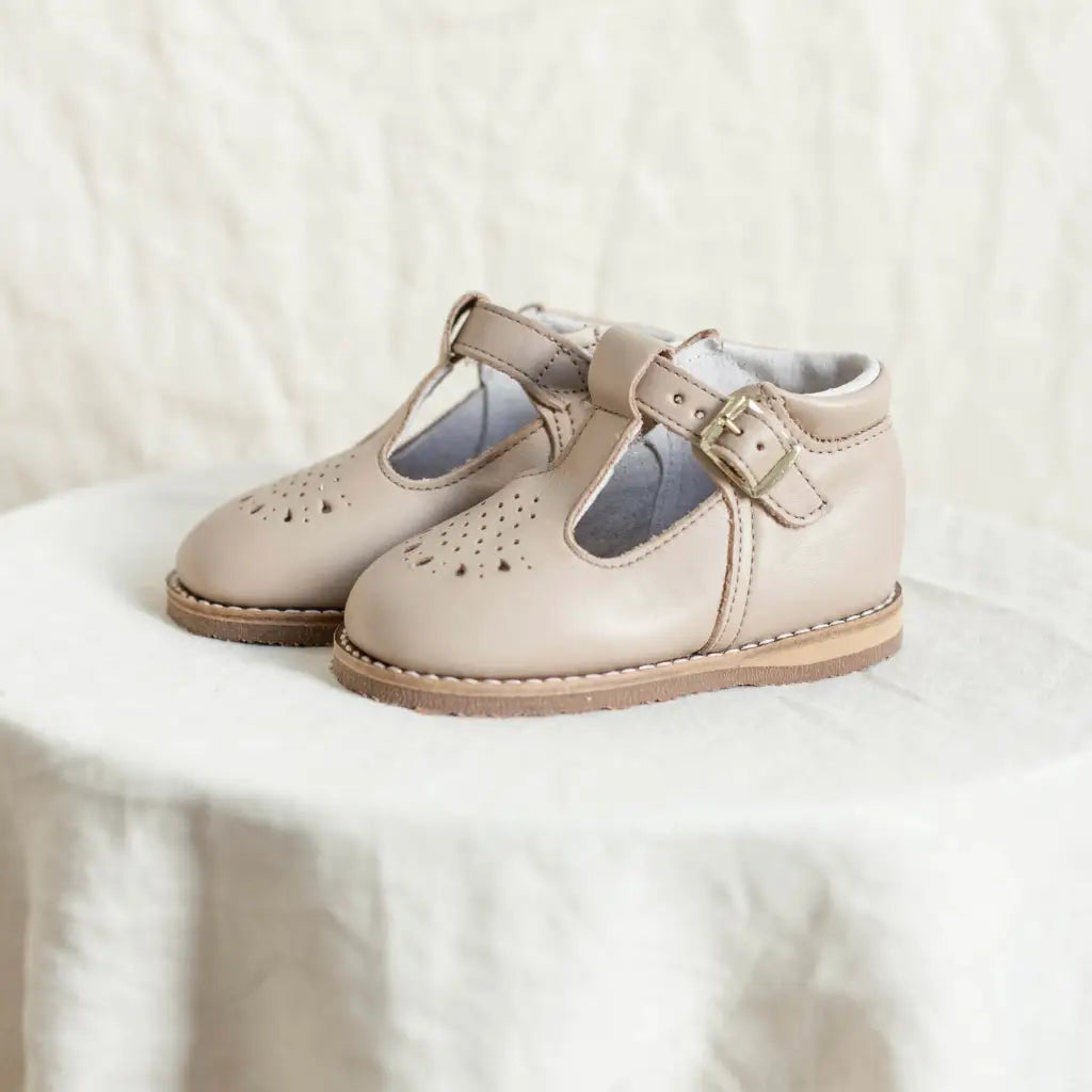 children's t-strap in shiny beige sizes 2-7