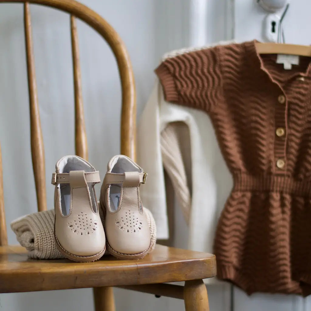 children's t-strap in shiny beige sizes 2-7