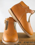 greta t-strap in warm brown, carmel leather