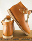 greta t-strap in warm brown, carmel leather