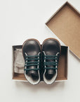 navy leather first walker, brown sole, navy laces, beige inside