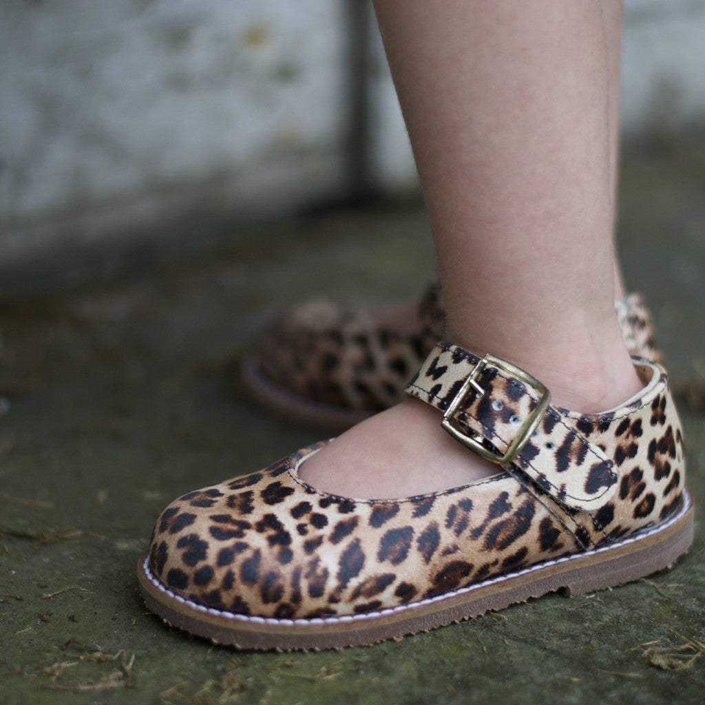 cheetah leather mary jane, brown sole, single strap, beige inside