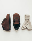 chocolate nubuck, first walker, leather boots, black laces, black sole, black cuff around top of shoe