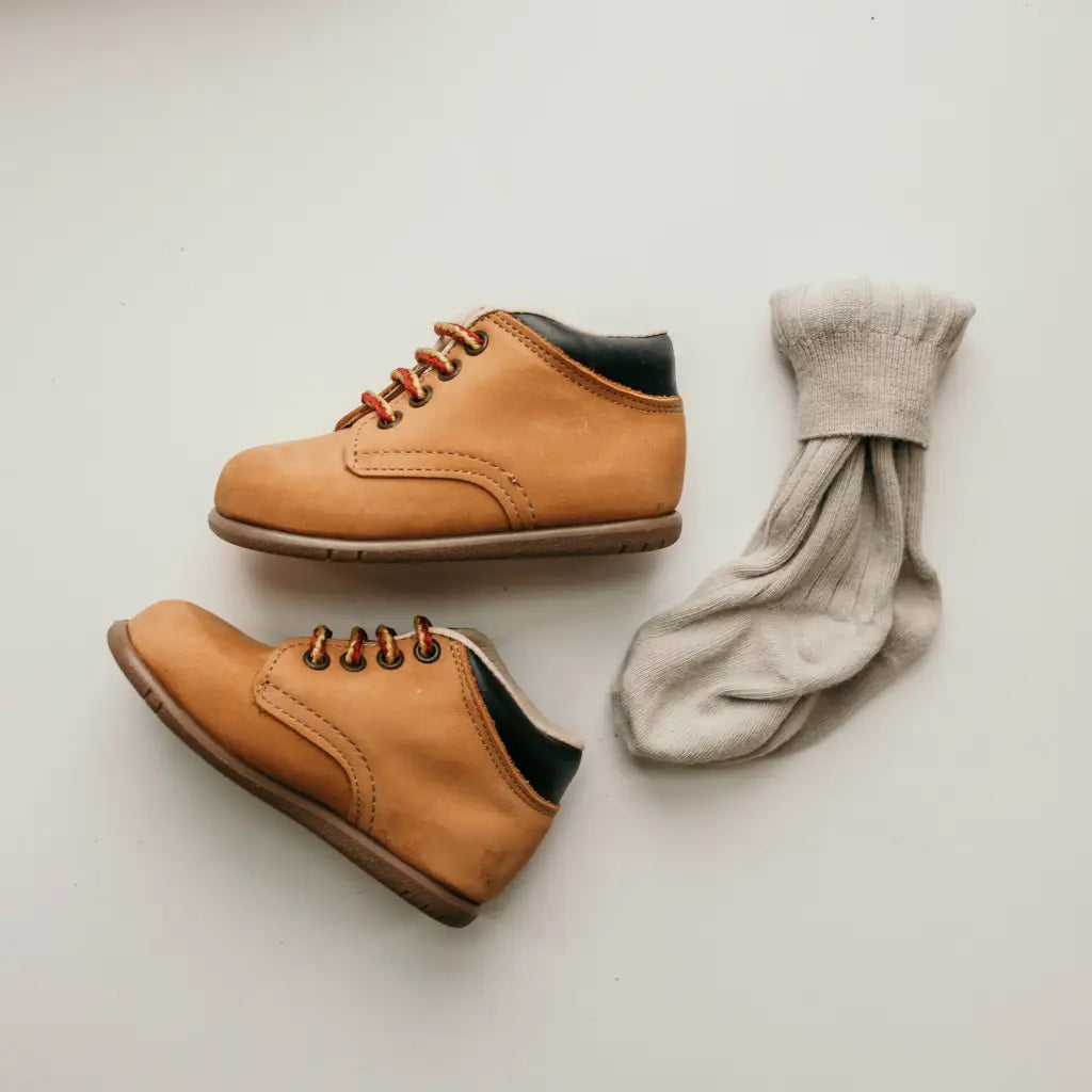 tan nubuck, first walker, leather boots, brown sole