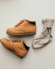 tan nubuck, first walker, leather boots, brown sole