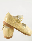 gold glitter leather mary jane, snowflake pattern, single strap, beige sole