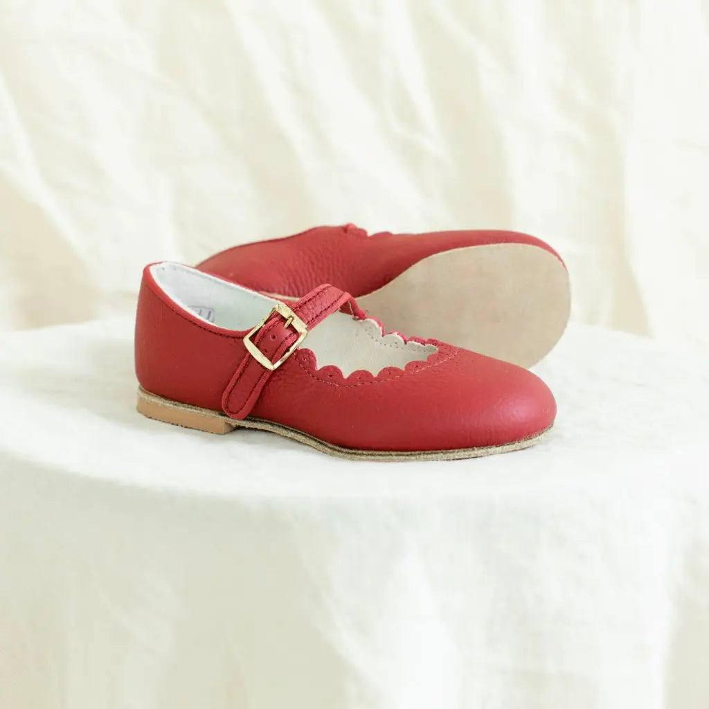 Little Girls Leather Dress Shoe Red Leather Scalloped Mary Jane