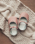 pink leather crib shoe, mary jane, scalloped cut, single strap, white inide