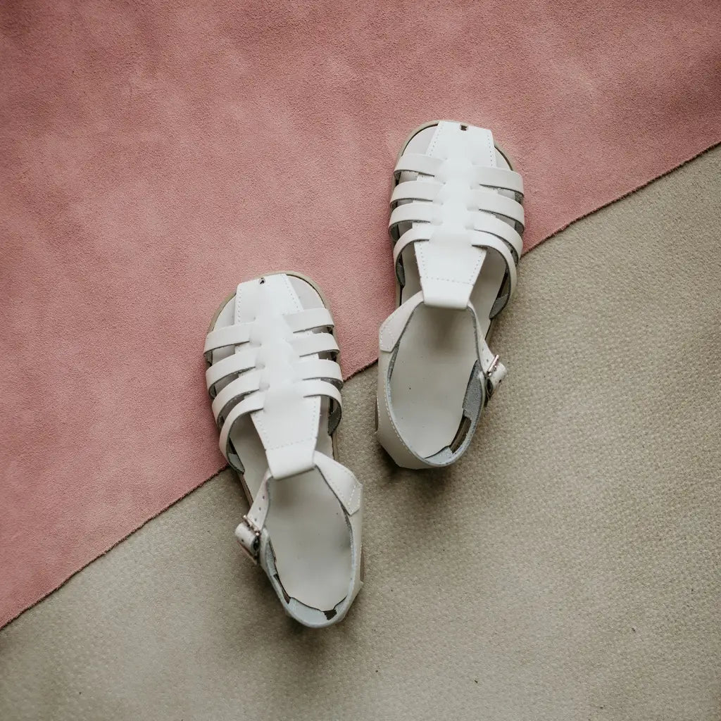 white leather sandal, beige sole