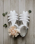 white leather sandal, beige sole