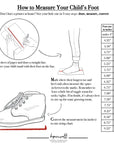 Grab a sheet of paper and draw a straight line. Then have your child stand with their foot on the line.  Mark where their longest toe and heel ends, then measure the space in between the marks.  Remember to leave a little bit of wiggle room for socks/ tights.  If in doubt, it’s always best to size up for some growing room.  Convert the measurement (in inches) to our sizing chart.  