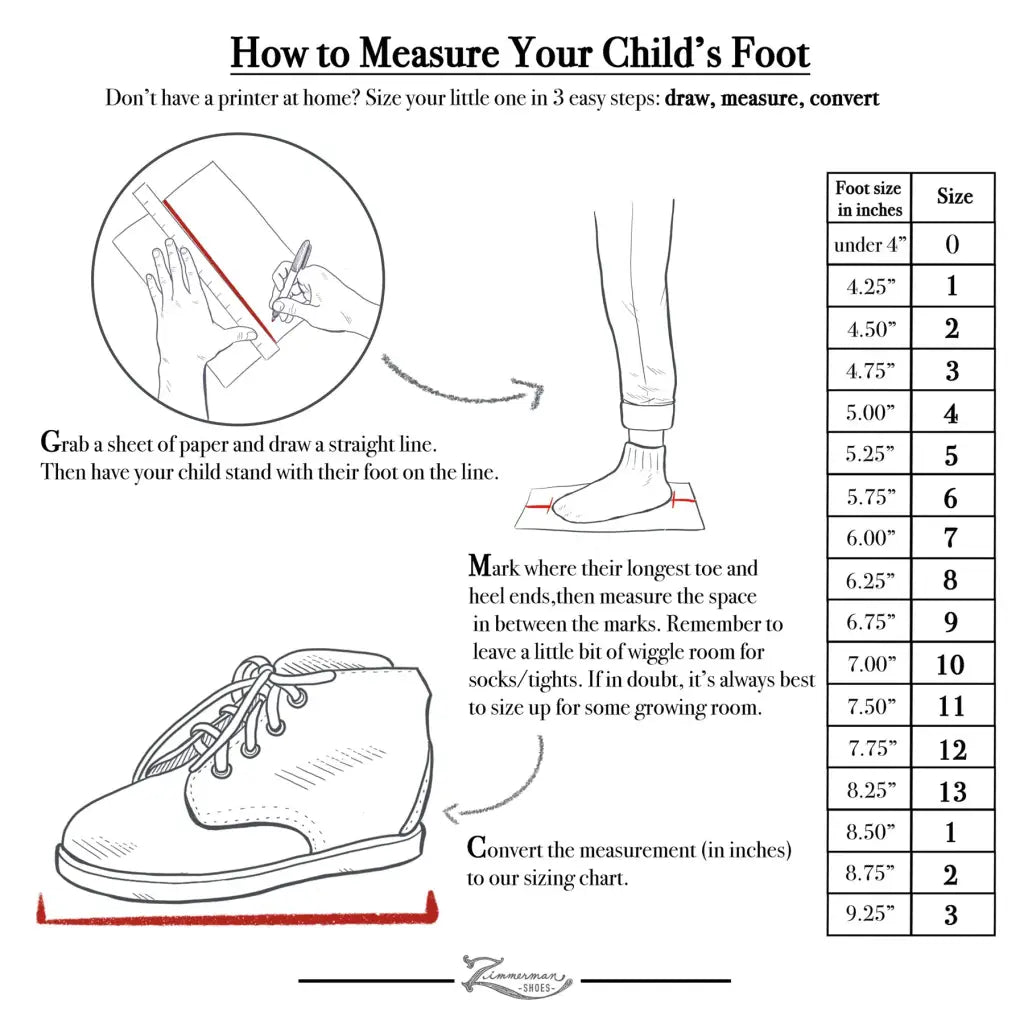 Zimmerman shoes sizing chart    Grab a sheet of paper and draw a straight line.  Then have your child stand with their foot on the line.  Mark where their longest toe and heel ends, then measure the space in between the marks. Remember to leave a little bit of wiggle room for socks/ tights.  If in doubt, it’s always best to size up for some growing room.  Convert the measurement (in inches) to our sizing chart. 