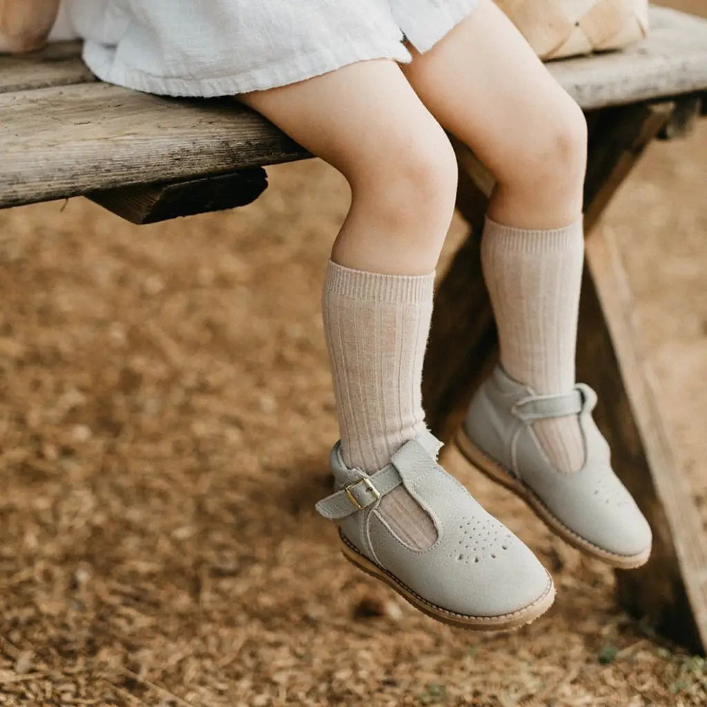 Little Girls Leather Dress Shoe Dove Grey Leather T Strap