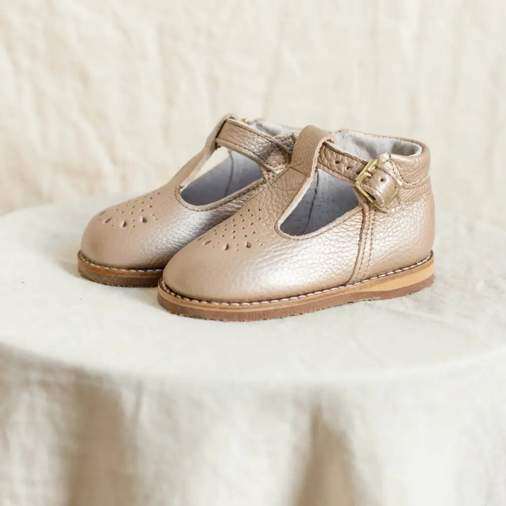 children's t-strap shoe in shiny beige sizes 2-7