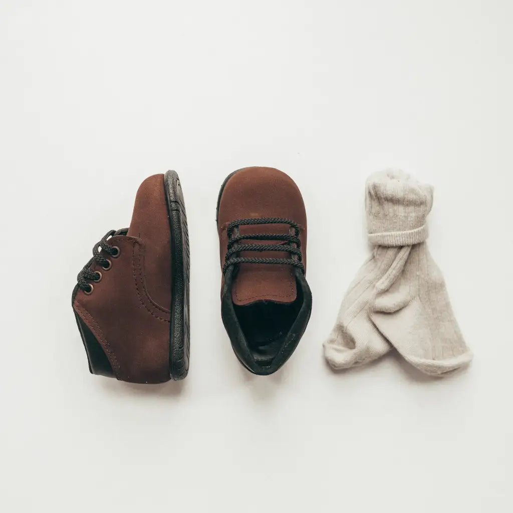chocolate nubuck, first walker, leather boots, black laces, black sole, black cuff around top of shoe