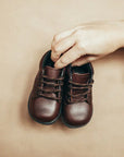 brown leather boots, first walkers, brown laces, black soles