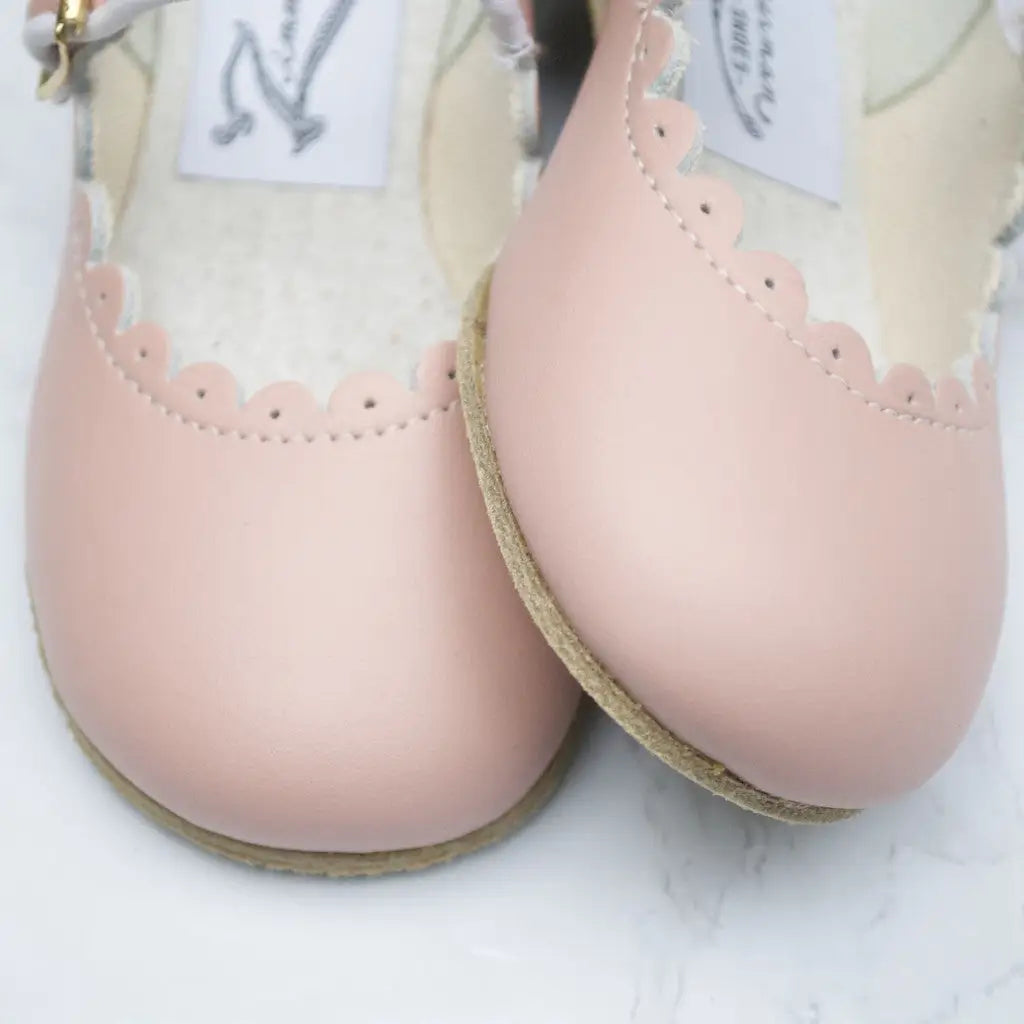 blush pink scalloped mary janes, palest pink glove leather