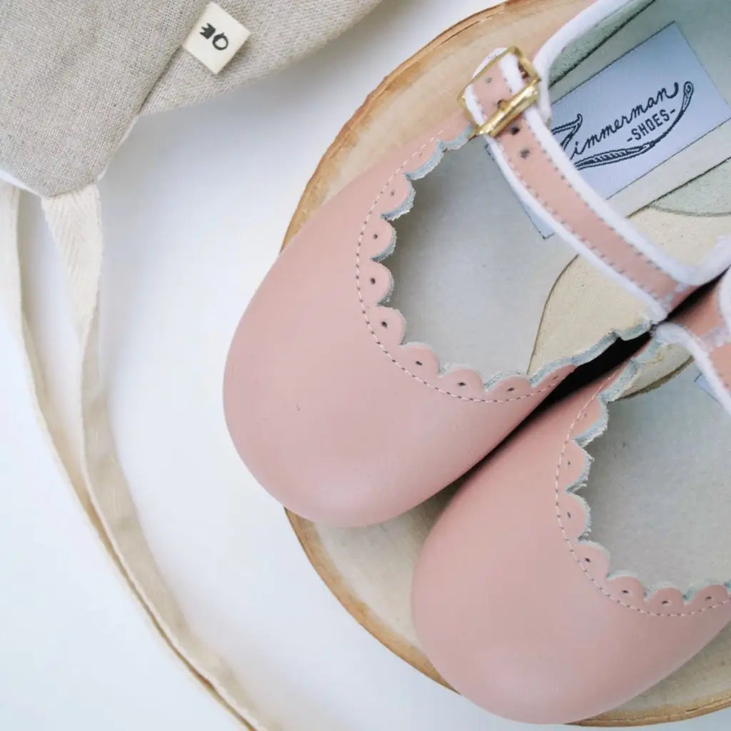 blush pink scalloped mary janes, palest pink glove leather