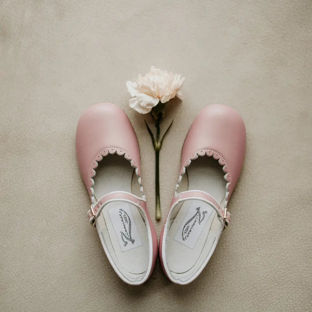 blush pink scalloped mary janes, palest pink glove leather