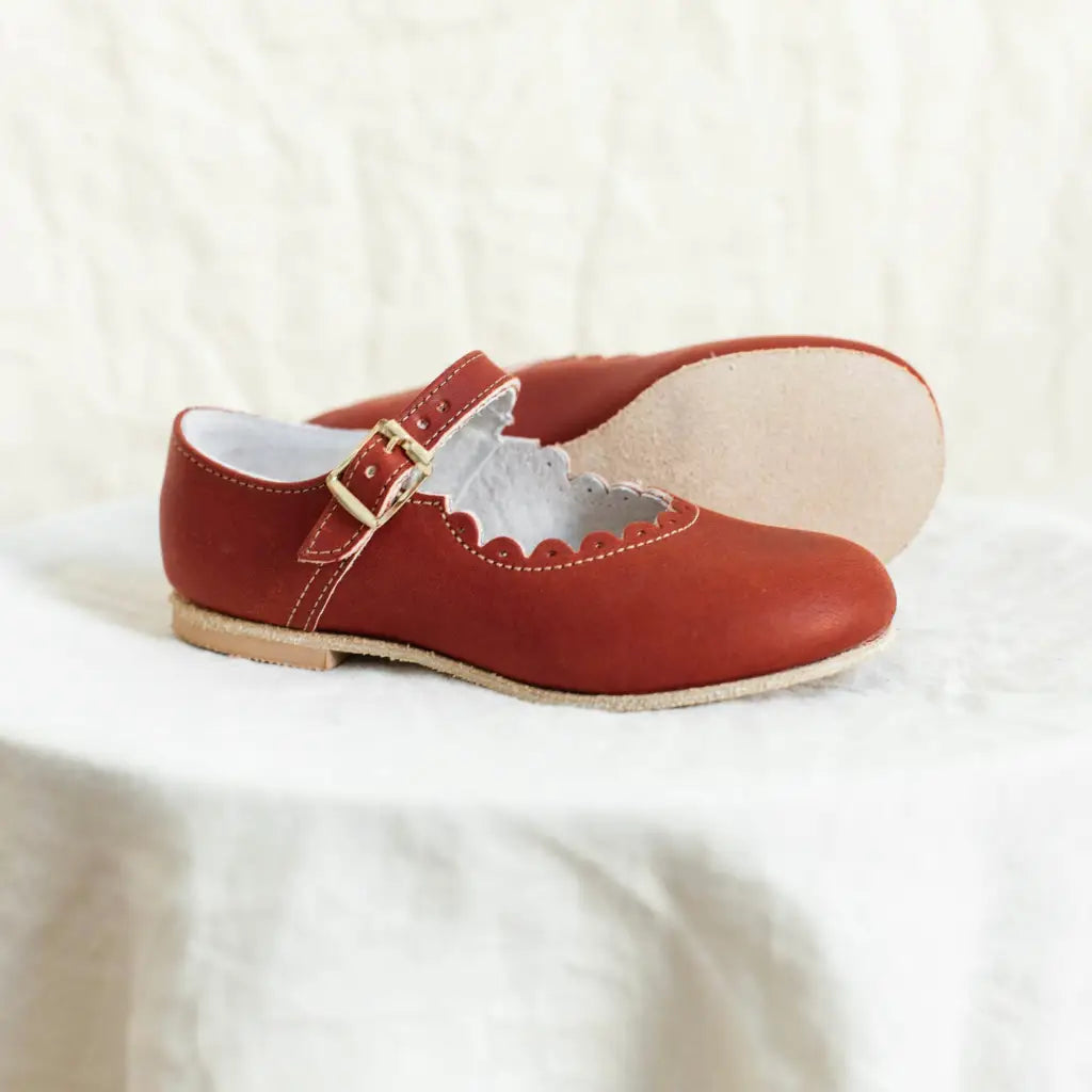 scalloped mary jane children's shoe in rust sizes 4-12