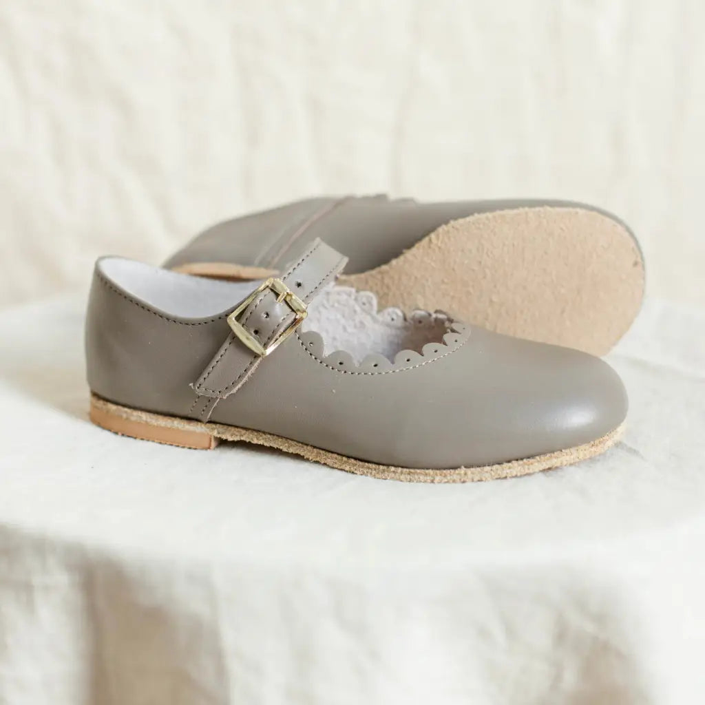 scalloped mary jane children's shoe in grey, sizes 4-12