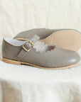 scalloped mary jane children's shoe in grey, sizes 4-12