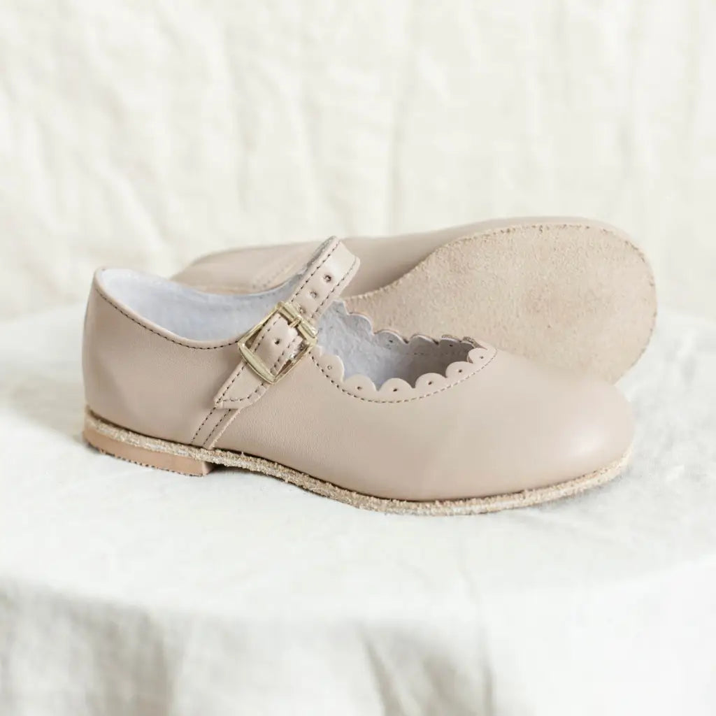 scalloped mary jane children's shoe in beige sizes 4-12